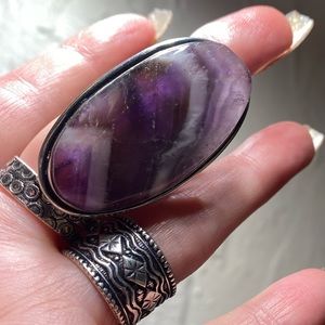 *SOLD* Chevron Amethyst Crystal Huge Cabochon Silver Ring 925 stamp size 8.5